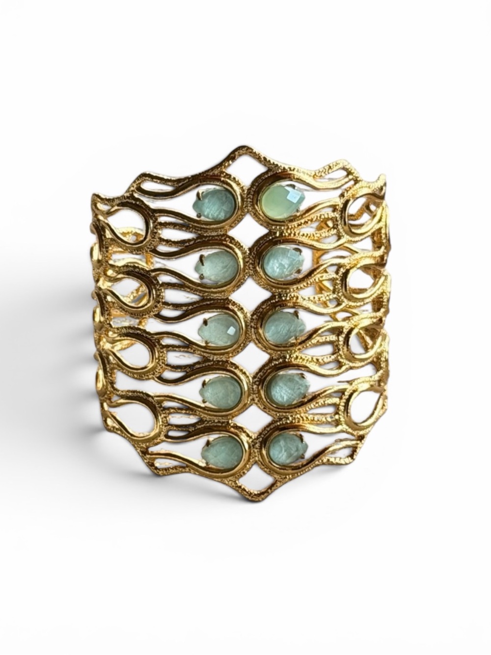 Alexis Bittar Wide Gold Tone Green Teardrop Stone Cuff Statement Bracelet 6.5”